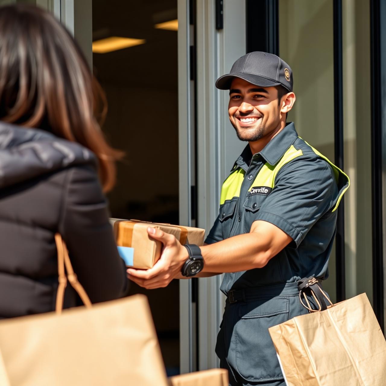 Courier handing package to customer